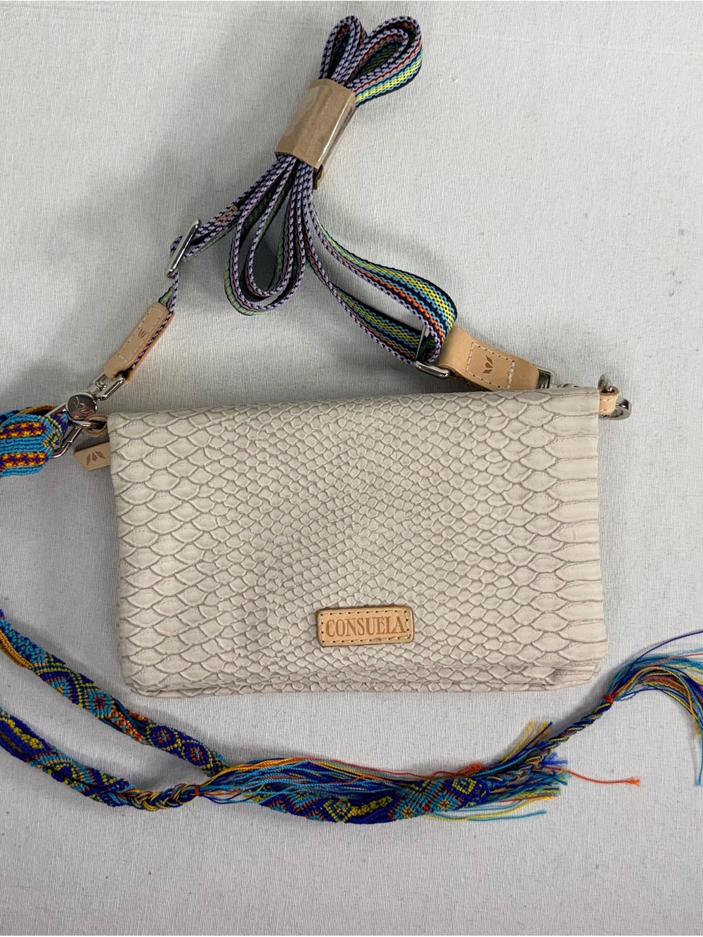 Consuela Cream Textured Crossbody with Multicolor Woven Strap
